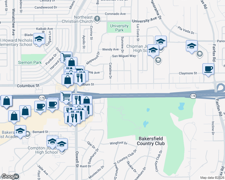 map of restaurants, bars, coffee shops, grocery stores, and more near 2608 Highland Court in Bakersfield