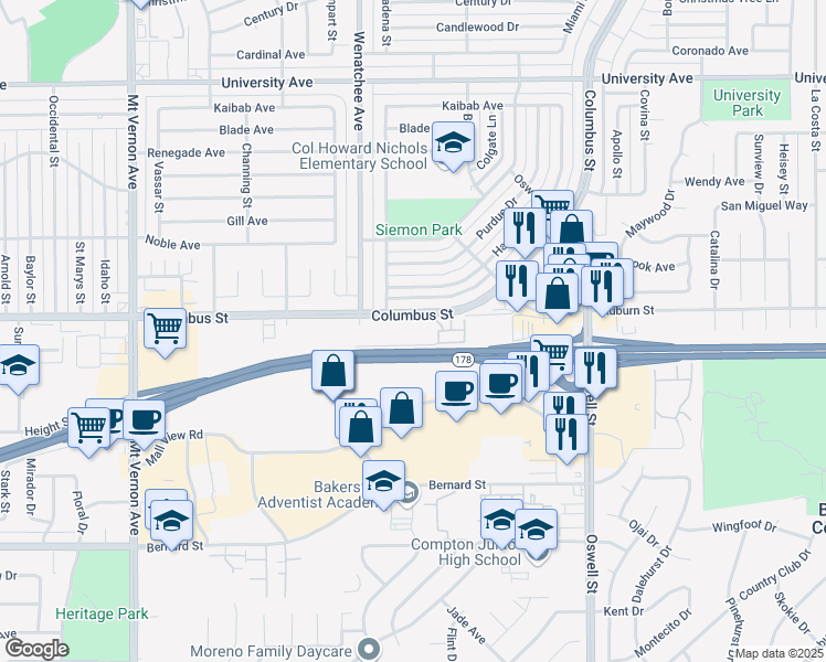 map of restaurants, bars, coffee shops, grocery stores, and more near 3201 Columbus Street in Bakersfield