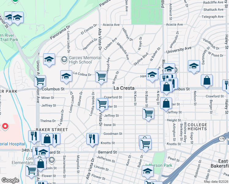 map of restaurants, bars, coffee shops, grocery stores, and more near 2611 North Inyo Street in Bakersfield
