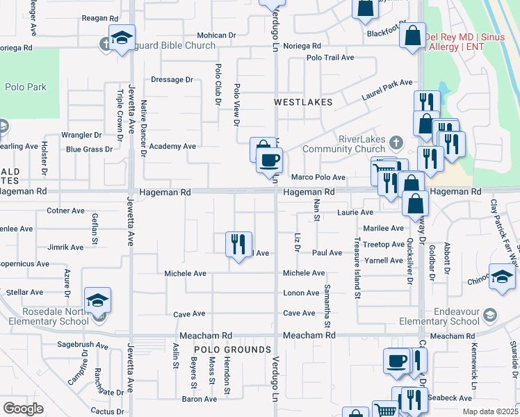 map of restaurants, bars, coffee shops, grocery stores, and more near 10500 Laurie Avenue in Bakersfield