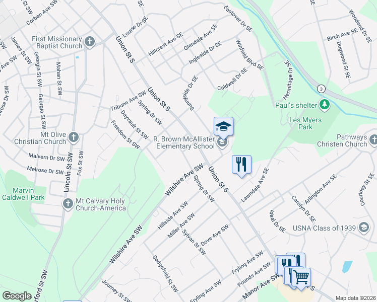 map of restaurants, bars, coffee shops, grocery stores, and more near 511 Spring Street Southwest in Concord