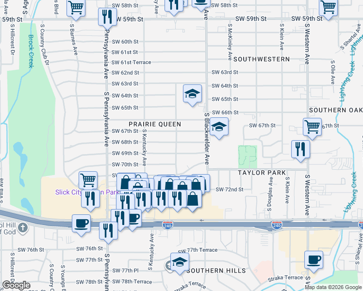 map of restaurants, bars, coffee shops, grocery stores, and more near 1400 Southwest 68th Street in Oklahoma City