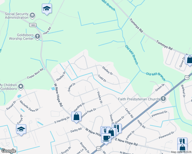 map of restaurants, bars, coffee shops, grocery stores, and more near 500 Todd Drive in Goldsboro
