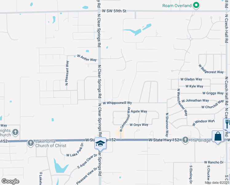 map of restaurants, bars, coffee shops, grocery stores, and more near 616 North Bluebird Way in Mustang