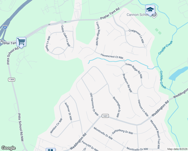 map of restaurants, bars, coffee shops, grocery stores, and more near 1531 Chatham Court Northwest in Concord