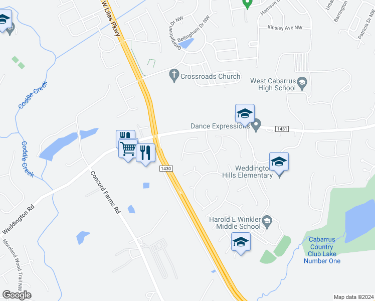 map of restaurants, bars, coffee shops, grocery stores, and more near 4583 Waterford Drive Northwest in Concord