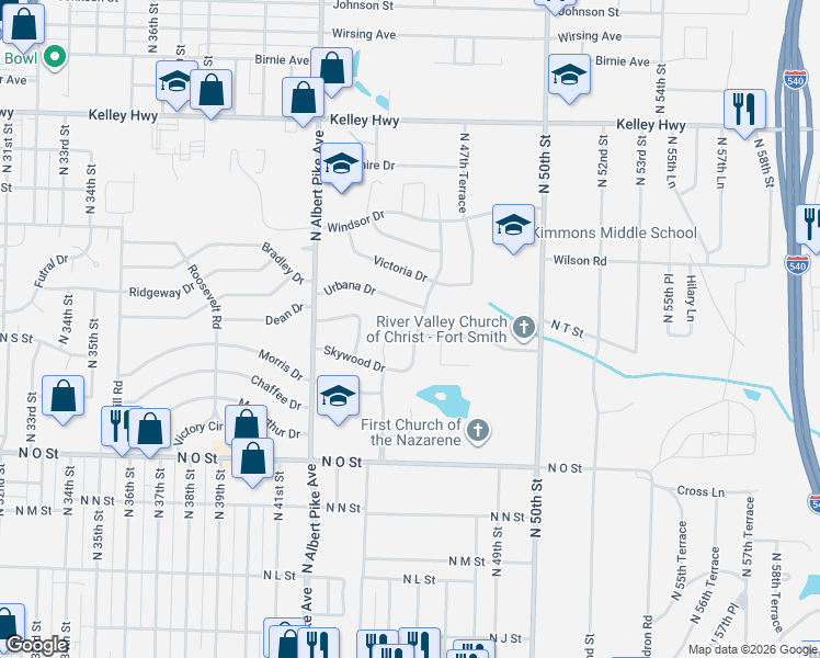 map of restaurants, bars, coffee shops, grocery stores, and more near 1919 North 46th Terrace in Fort Smith