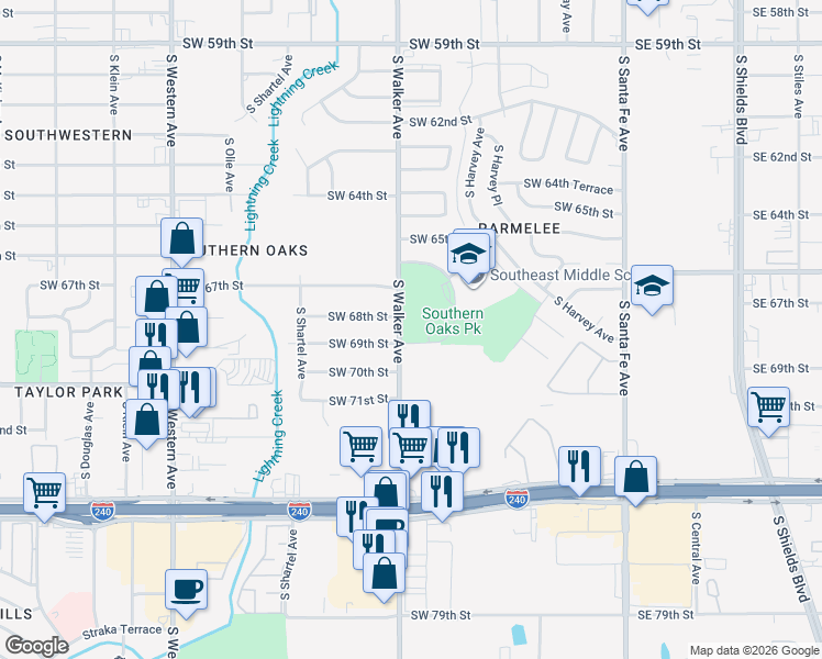 map of restaurants, bars, coffee shops, grocery stores, and more near 6818 South Walker Avenue in Oklahoma City