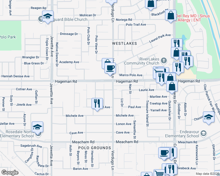 map of restaurants, bars, coffee shops, grocery stores, and more near 10500 Laurie Avenue in Bakersfield