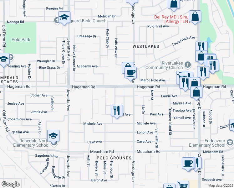 map of restaurants, bars, coffee shops, grocery stores, and more near 4100 Shawn Street in Bakersfield