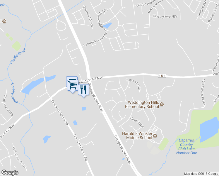 map of restaurants, bars, coffee shops, grocery stores, and more near 4585 Waterford Drive Northwest in Concord
