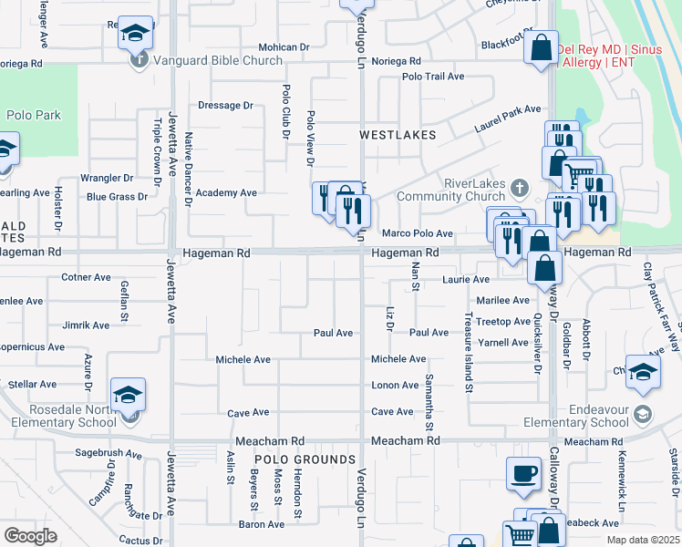 map of restaurants, bars, coffee shops, grocery stores, and more near 10500 Laurie Avenue in Bakersfield