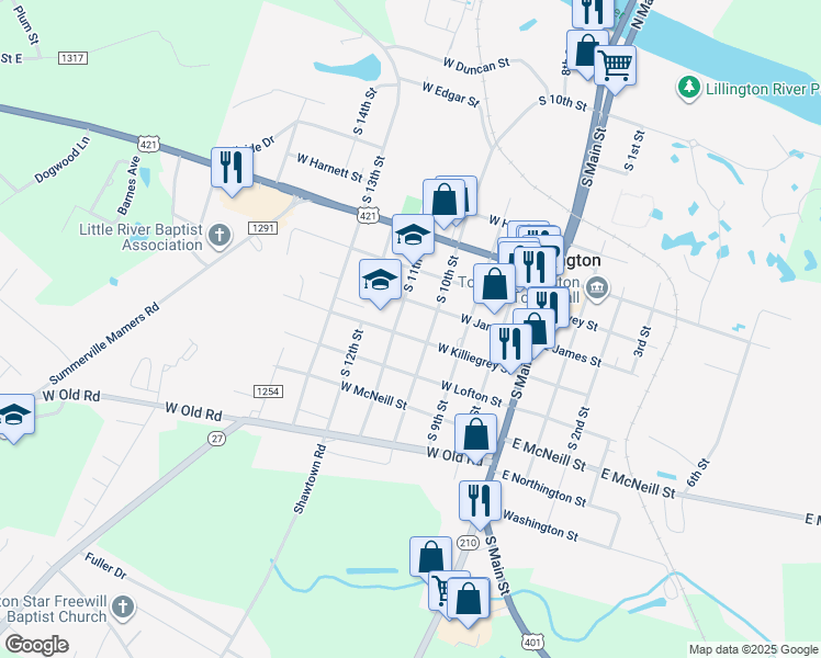 map of restaurants, bars, coffee shops, grocery stores, and more near 306 West Killiegrey Street in Lillington