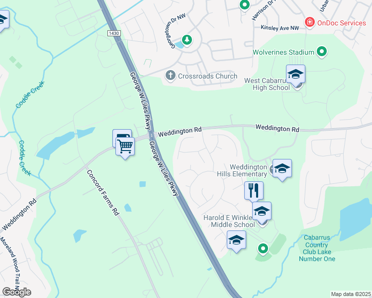 map of restaurants, bars, coffee shops, grocery stores, and more near 4585 Waterford Drive Northwest in Concord