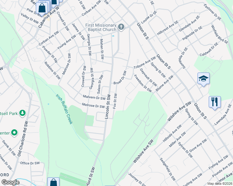 map of restaurants, bars, coffee shops, grocery stores, and more near 339 Fox Street Southwest in Concord