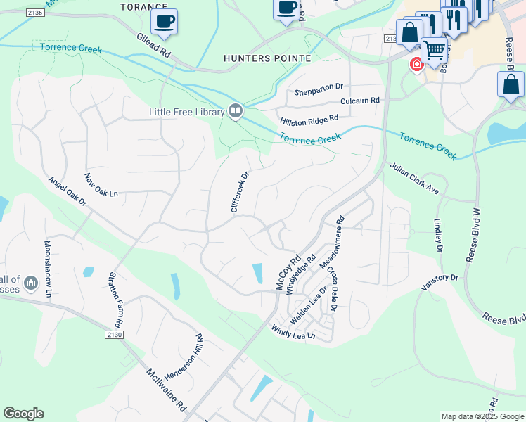 map of restaurants, bars, coffee shops, grocery stores, and more near 12500 Moores Mill Road in Huntersville