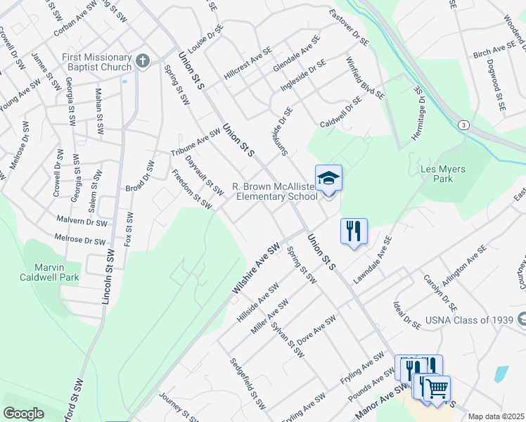 map of restaurants, bars, coffee shops, grocery stores, and more near 474 Spring Street Southwest in Concord