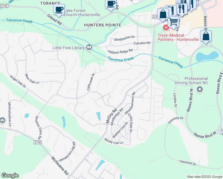 map of restaurants, bars, coffee shops, grocery stores, and more near 12601 Cedar Fall Drive in Huntersville