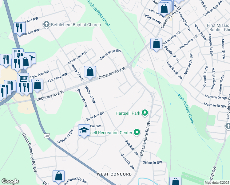 map of restaurants, bars, coffee shops, grocery stores, and more near Liberty Drive Southwest in Concord