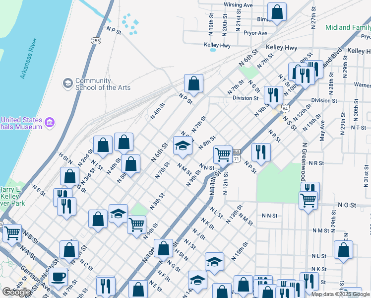 map of restaurants, bars, coffee shops, grocery stores, and more near 709 North N Street in Fort Smith