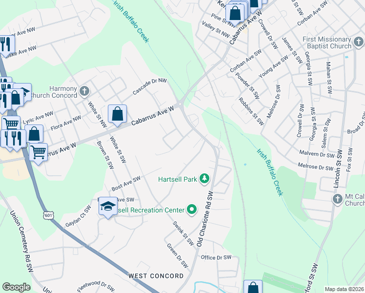 map of restaurants, bars, coffee shops, grocery stores, and more near 18 Meadowview Avenue Southwest in Concord