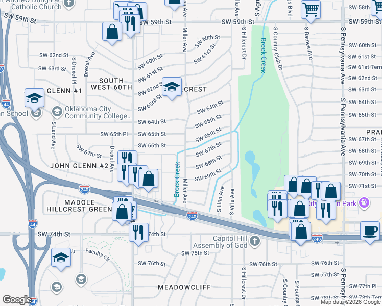 map of restaurants, bars, coffee shops, grocery stores, and more near 2620 Southwest 67th Street in Oklahoma City