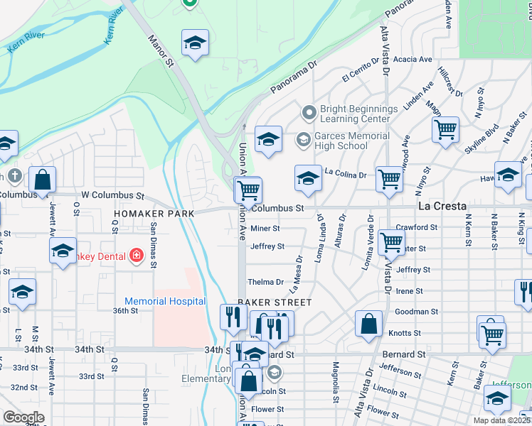 map of restaurants, bars, coffee shops, grocery stores, and more near 25 Columbus Street in Bakersfield