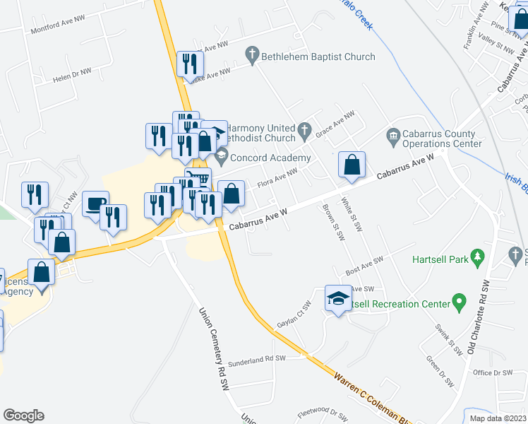 map of restaurants, bars, coffee shops, grocery stores, and more near 680 Cabarrus Avenue West in Concord