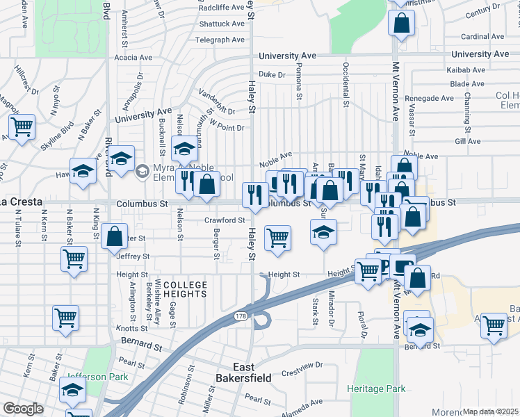 map of restaurants, bars, coffee shops, grocery stores, and more near 1407 Columbus Street in Bakersfield