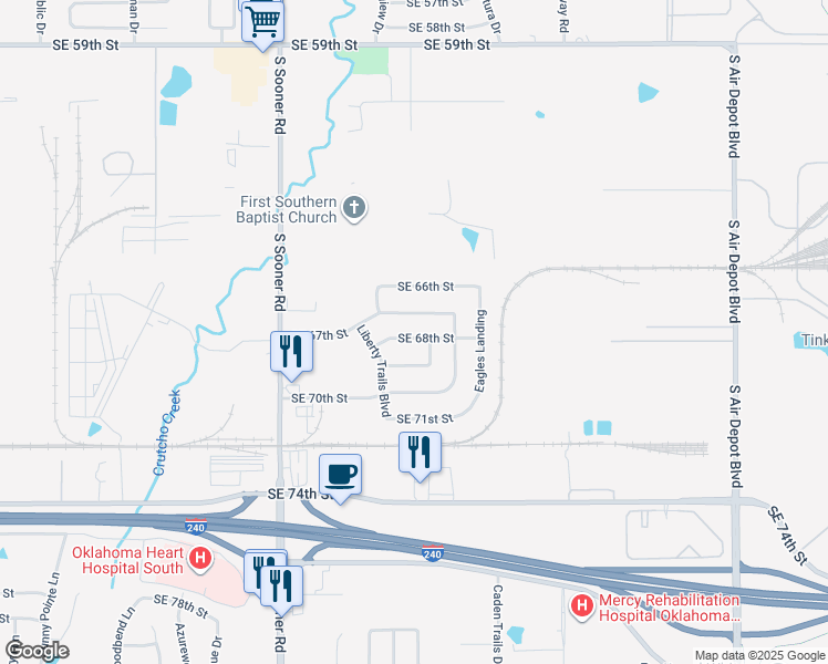 map of restaurants, bars, coffee shops, grocery stores, and more near 5929 Southeast 68th Street in Oklahoma City