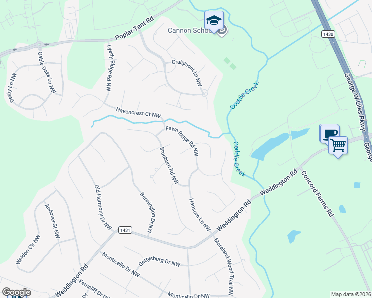 map of restaurants, bars, coffee shops, grocery stores, and more near 5861 Colwick Court Northwest in Concord