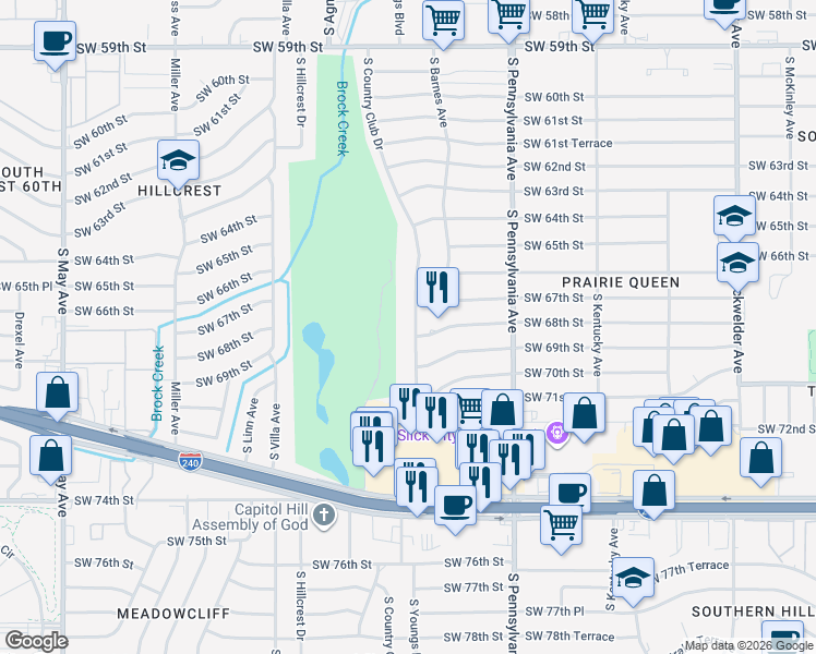 map of restaurants, bars, coffee shops, grocery stores, and more near 6813 South Country Club Drive in Oklahoma City