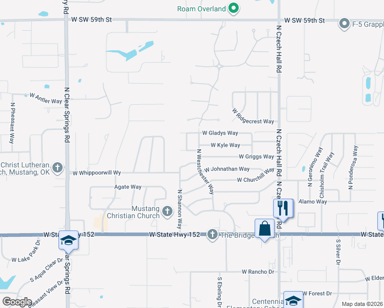 map of restaurants, bars, coffee shops, grocery stores, and more near 1142 West Griggs Way in Mustang