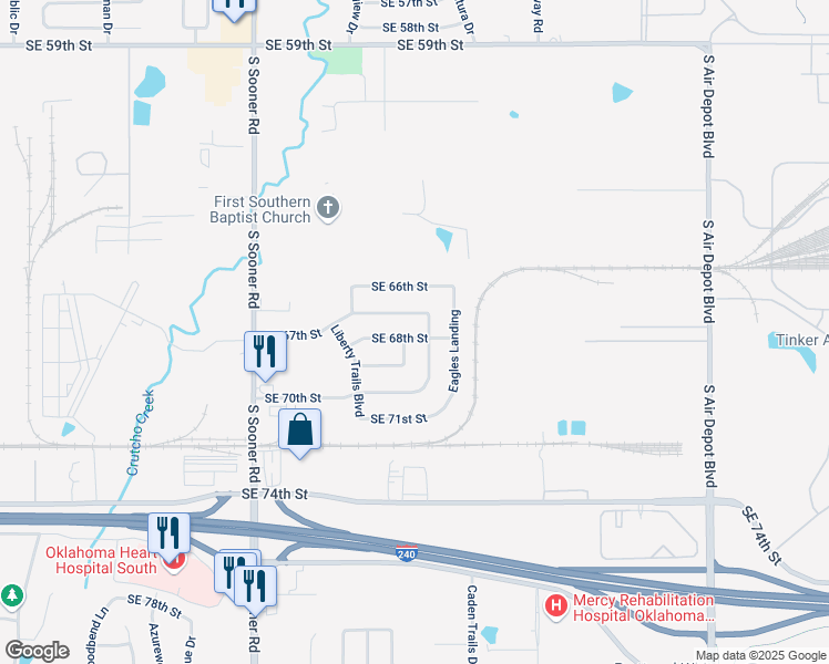 map of restaurants, bars, coffee shops, grocery stores, and more near 6009 Southeast 68th Street in Oklahoma City