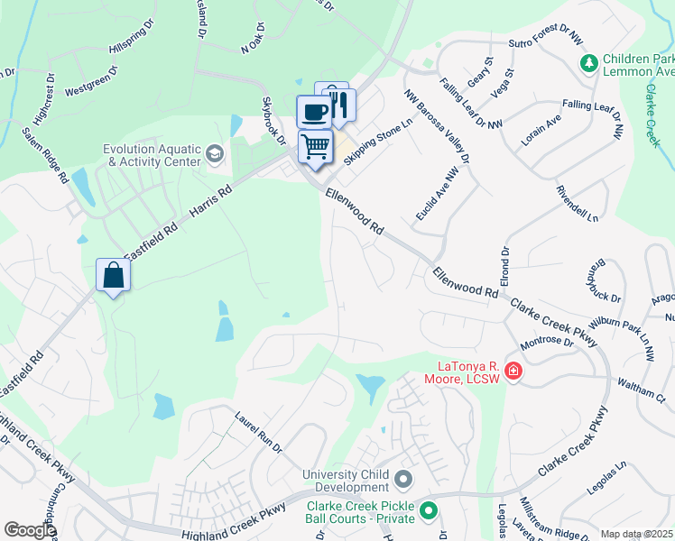 map of restaurants, bars, coffee shops, grocery stores, and more near 6610 Wildbrook Drive in Huntersville