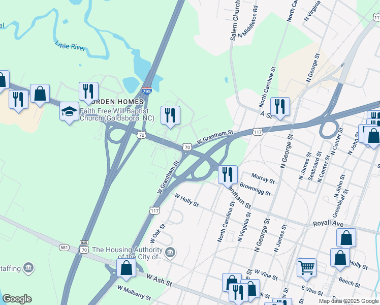 map of restaurants, bars, coffee shops, grocery stores, and more near 1322 Grantham Street in Goldsboro
