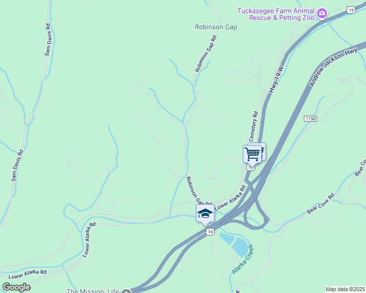 map of restaurants, bars, coffee shops, grocery stores, and more near 1544 Robinson Gap Road in Bryson City