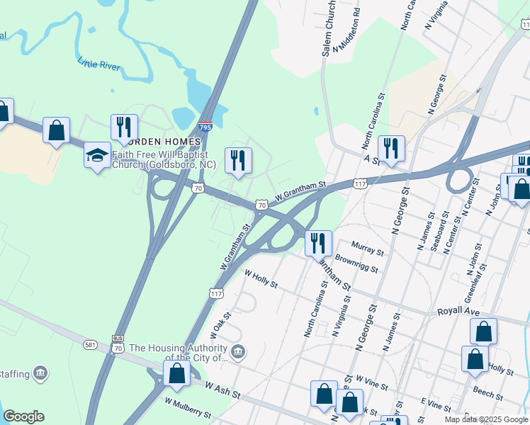 map of restaurants, bars, coffee shops, grocery stores, and more near 1322 Grantham Street in Goldsboro