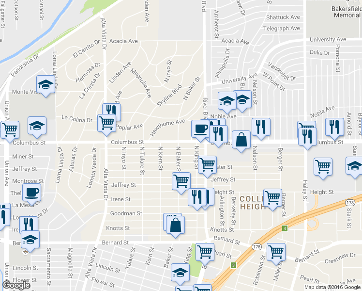 map of restaurants, bars, coffee shops, grocery stores, and more near in Bakersfield