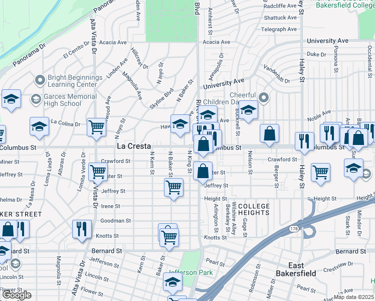 map of restaurants, bars, coffee shops, grocery stores, and more near 2616 North King Street in Bakersfield
