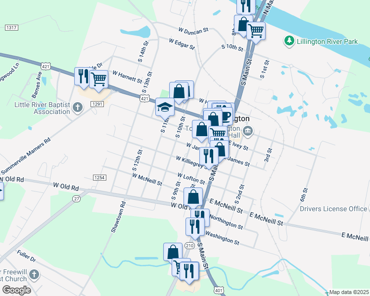 map of restaurants, bars, coffee shops, grocery stores, and more near 1000 South 9th Street in Lillington