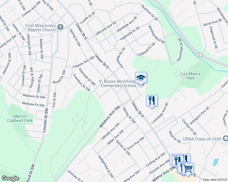 map of restaurants, bars, coffee shops, grocery stores, and more near 476 Spring Street Southwest in Concord