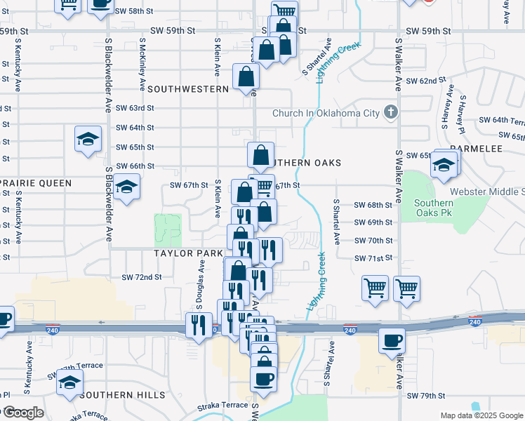 map of restaurants, bars, coffee shops, grocery stores, and more near 6900 South Western Avenue in Oklahoma City