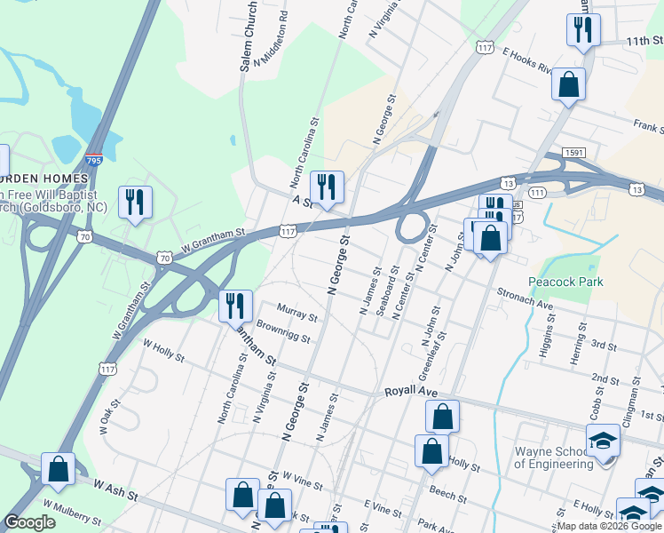 map of restaurants, bars, coffee shops, grocery stores, and more near 1107 N George St in Goldsboro