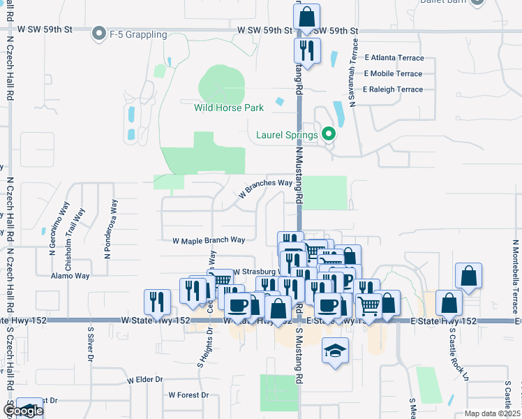 map of restaurants, bars, coffee shops, grocery stores, and more near 610 North Pine Branch Way in Mustang