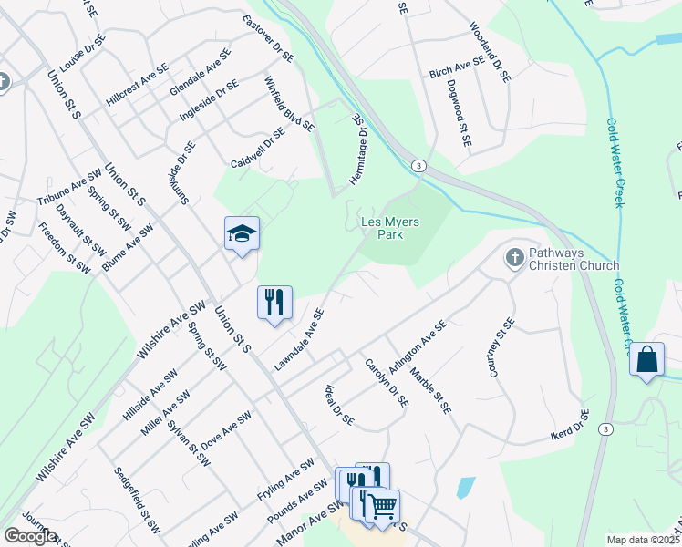 map of restaurants, bars, coffee shops, grocery stores, and more near Lawndale Avenue Southeast in Concord