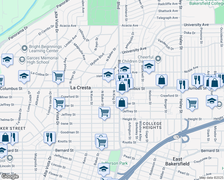 map of restaurants, bars, coffee shops, grocery stores, and more near 2616 North King Street in Bakersfield