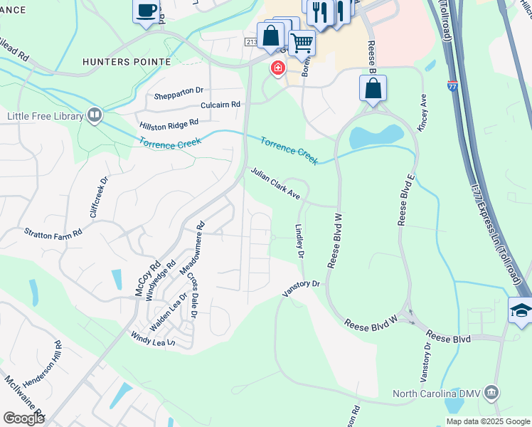 map of restaurants, bars, coffee shops, grocery stores, and more near 10313 Passau Path Drive in Huntersville