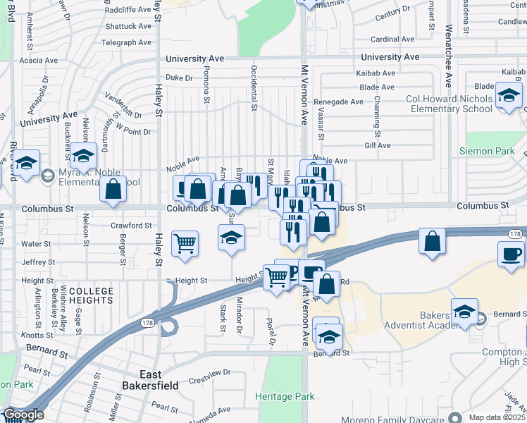 map of restaurants, bars, coffee shops, grocery stores, and more near 2101-2111 Columbus Street in Bakersfield