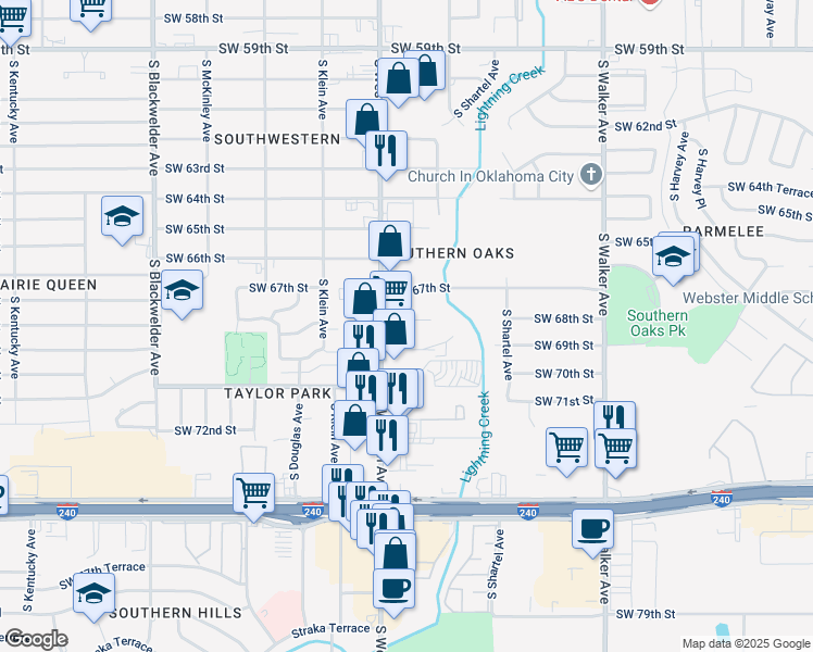 map of restaurants, bars, coffee shops, grocery stores, and more near 804 Southwest 68th Street in Oklahoma City